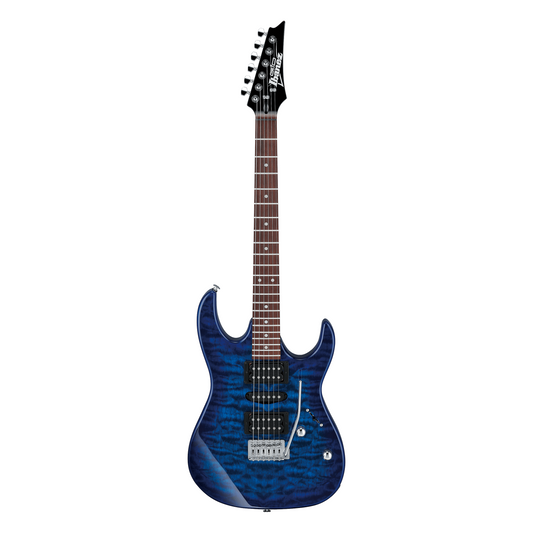 Blue electric guitar on a white background