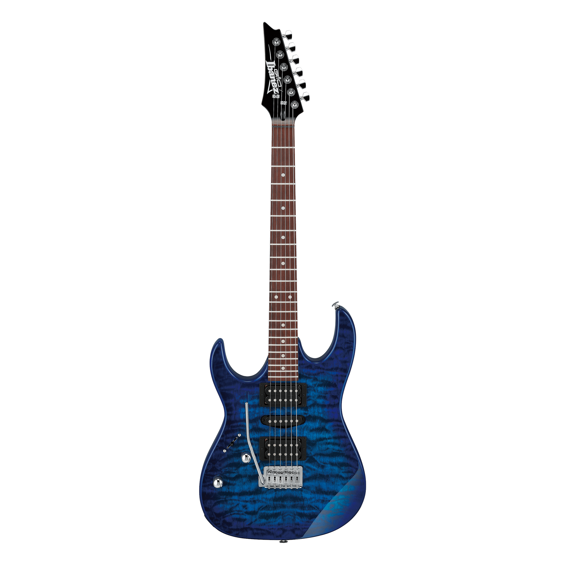 Blue electric guitar on a white background