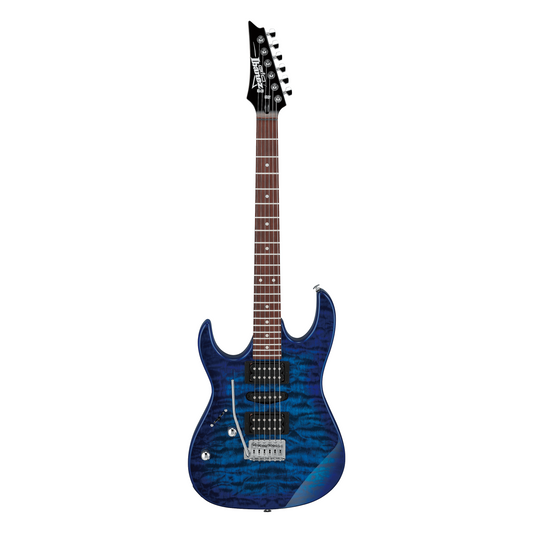 Blue electric guitar on a white background