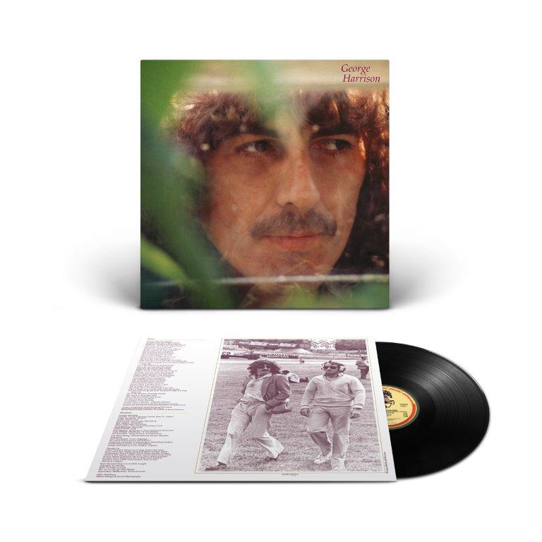 George Harrison - George Harrison Vinyl record with cover featuring a close-up of a person's face and a black and white photo of two people walking.