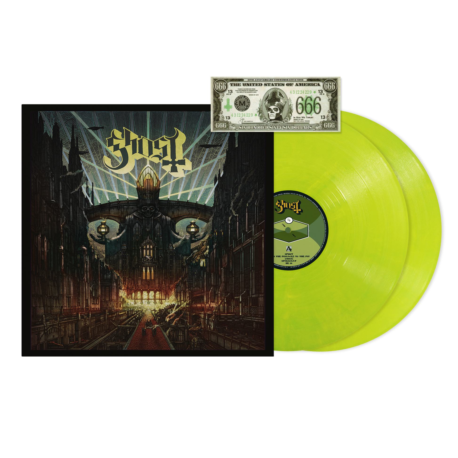 Ghost - Meliora Vinyl record with cover and a dollar bill featuring the number 666 on a white background