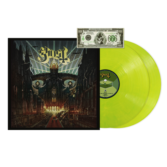 Ghost - Meliora Vinyl record with cover and a dollar bill featuring the number 666 on a white background