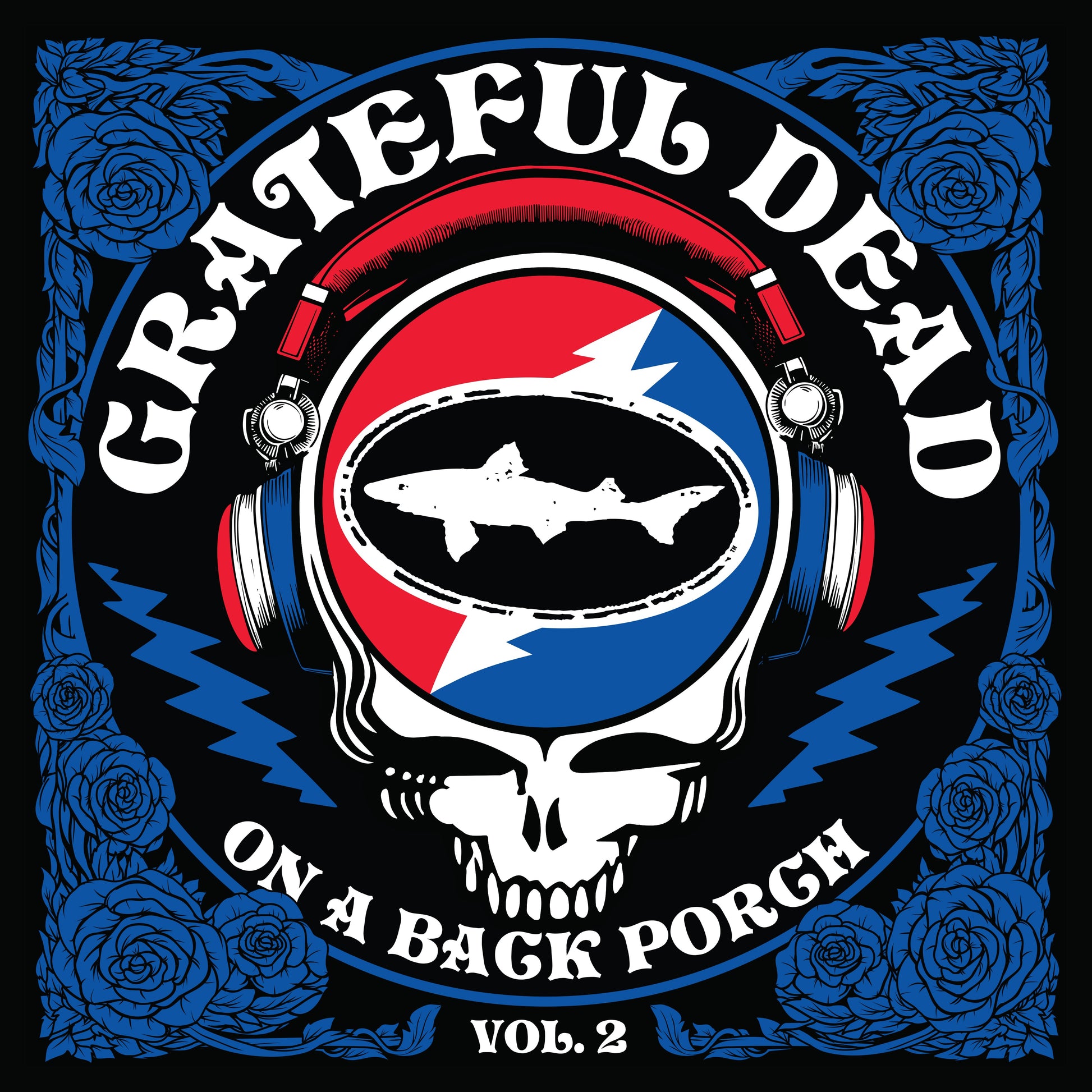 Grateful Dead - On A Back Porch Grateful Dead logo with skull and headphones design on a black background with blue roses.