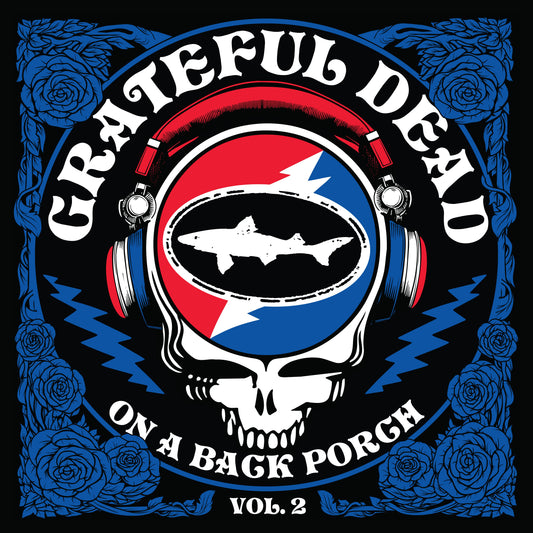 Grateful Dead - On A Back Porch Grateful Dead logo with skull and headphones design on a black background with blue roses.