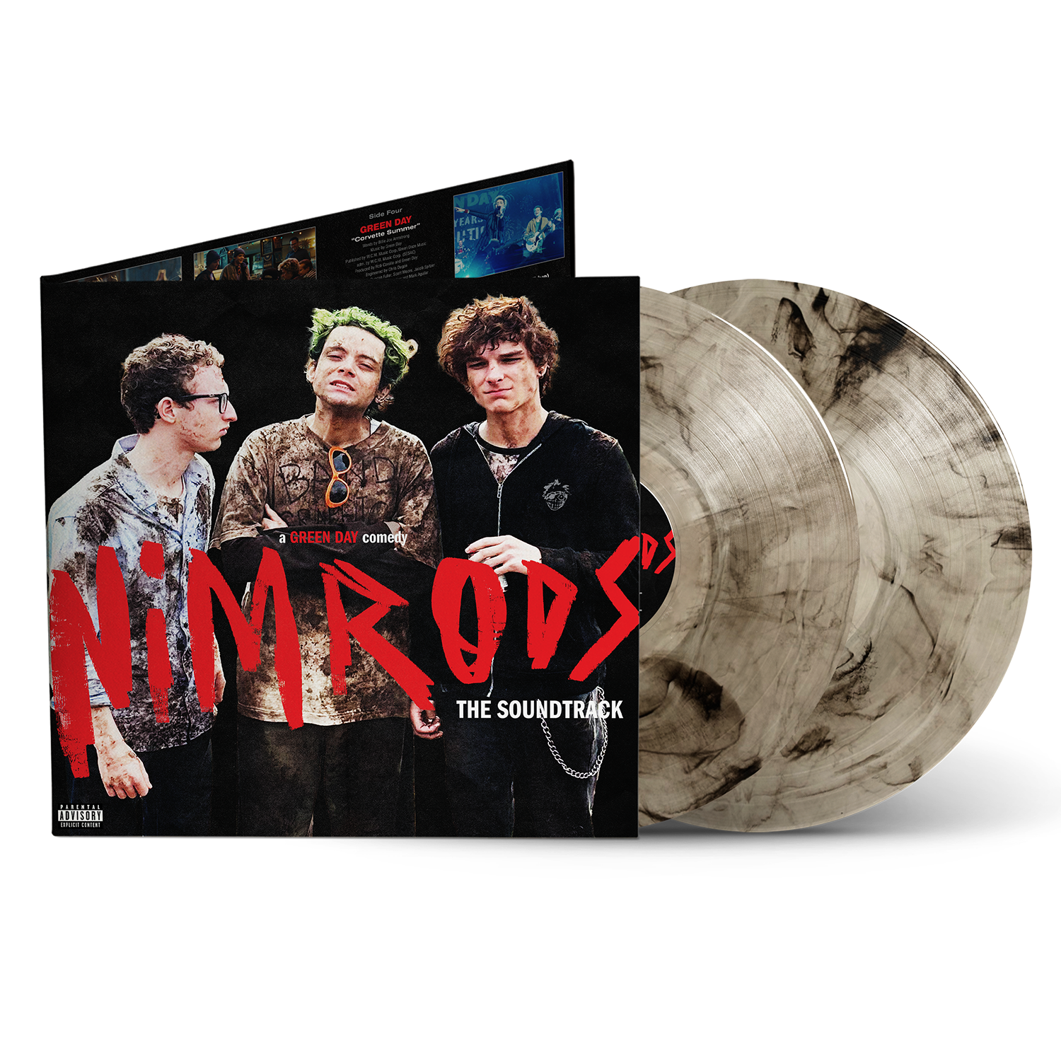 Green Day - Nimrods (The Soundtrack) (Woodstock Mud) Vinyl Nimrod 'The Soundtrack' vinyl record album with the cover art showing three band members and large red title text, alongside two marbled translucent records on a white background.