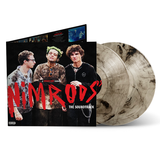 Green Day - Nimrods (The Soundtrack) (Woodstock Mud) Vinyl Nimrod 'The Soundtrack' vinyl record album with the cover art showing three band members and large red title text, alongside two marbled translucent records on a white background.