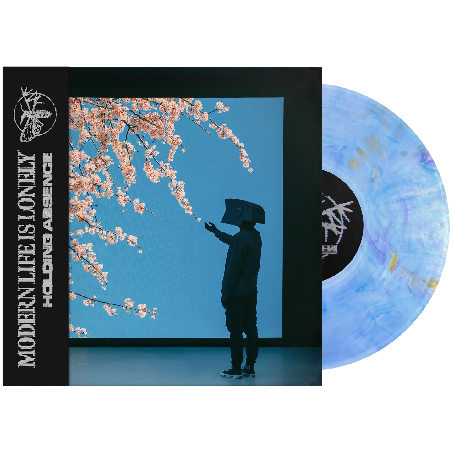 Holding Absense - Modern Life Is Lonely (Blue, Purple & Gold Marble Blend) Vinyl Vinyl record album cover for 'Holding Absence' by Modern Life Is Lonely, featuring a black jacket silhouette against a blue screen with pink blossoms, next to a marbled blue and purple vinyl record.