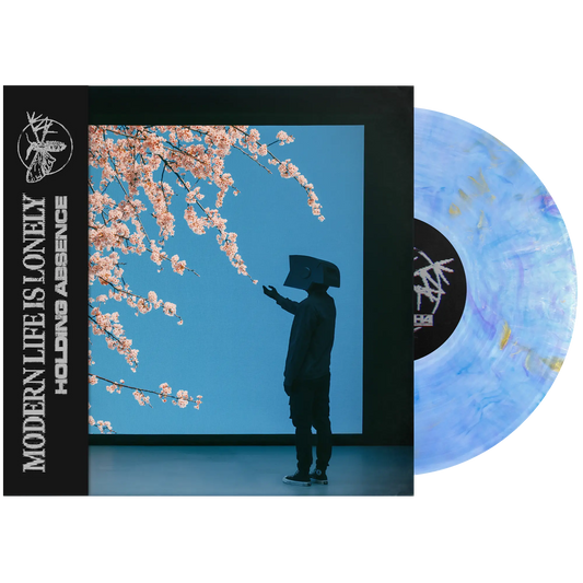 Holding Absense - Modern Life Is Lonely (Blue, Purple & Gold Marble Blend) Vinyl Vinyl record album cover for 'Holding Absence' by Modern Life Is Lonely, featuring a black jacket silhouette against a blue screen with pink blossoms, next to a marbled blue and purple vinyl record.
