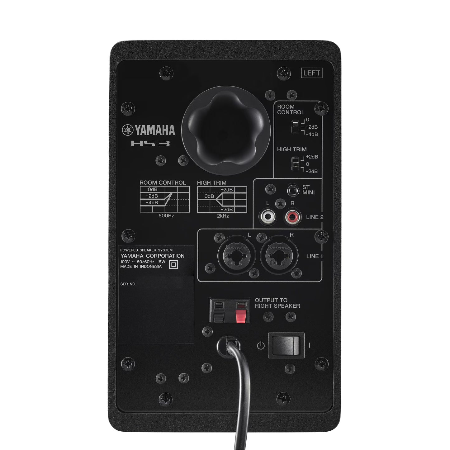Back view of a Yamaha HS3 speaker with control knobs and connectors on a white background