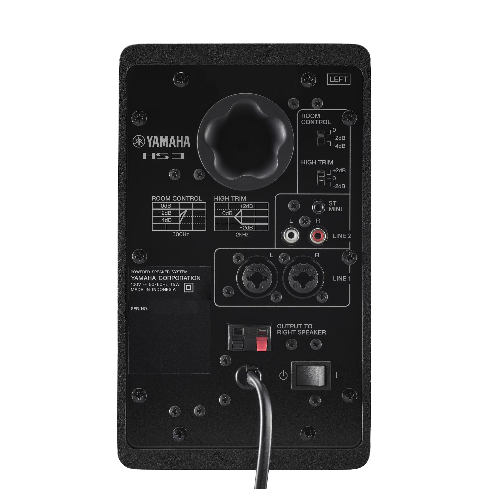 Back view of a Yamaha HS3 speaker with control knobs and connectors on a white background