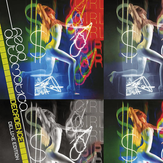 Head Automatica - Decadence Collage of a music album cover with colorful graphics and text.