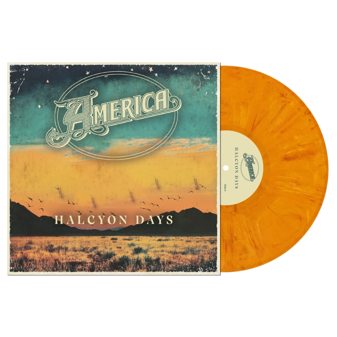 America - Halcyon Days A vinyl record album shown with its sleeve on a plain white background. The sleeve features a western landscape illustration with the title 'HALCYON DAYS' and a large 'AMERICA' logo at the top.