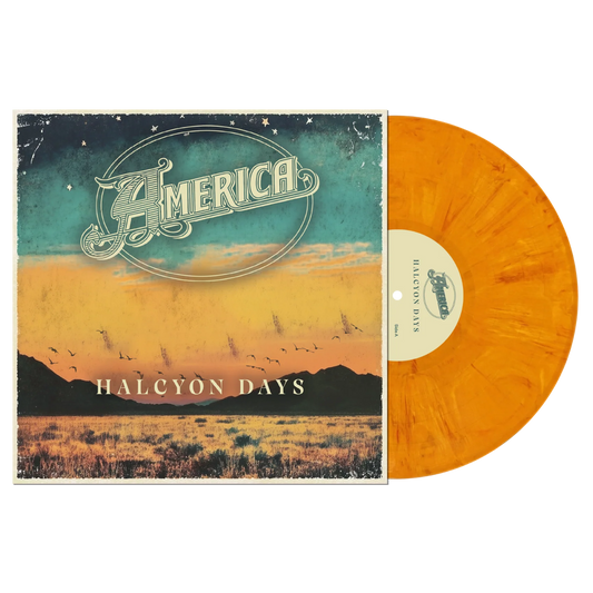 America - Halcyon Days A vinyl record album shown with its sleeve on a plain white background. The sleeve features a western landscape illustration with the title 'HALCYON DAYS' and a large 'AMERICA' logo at the top.