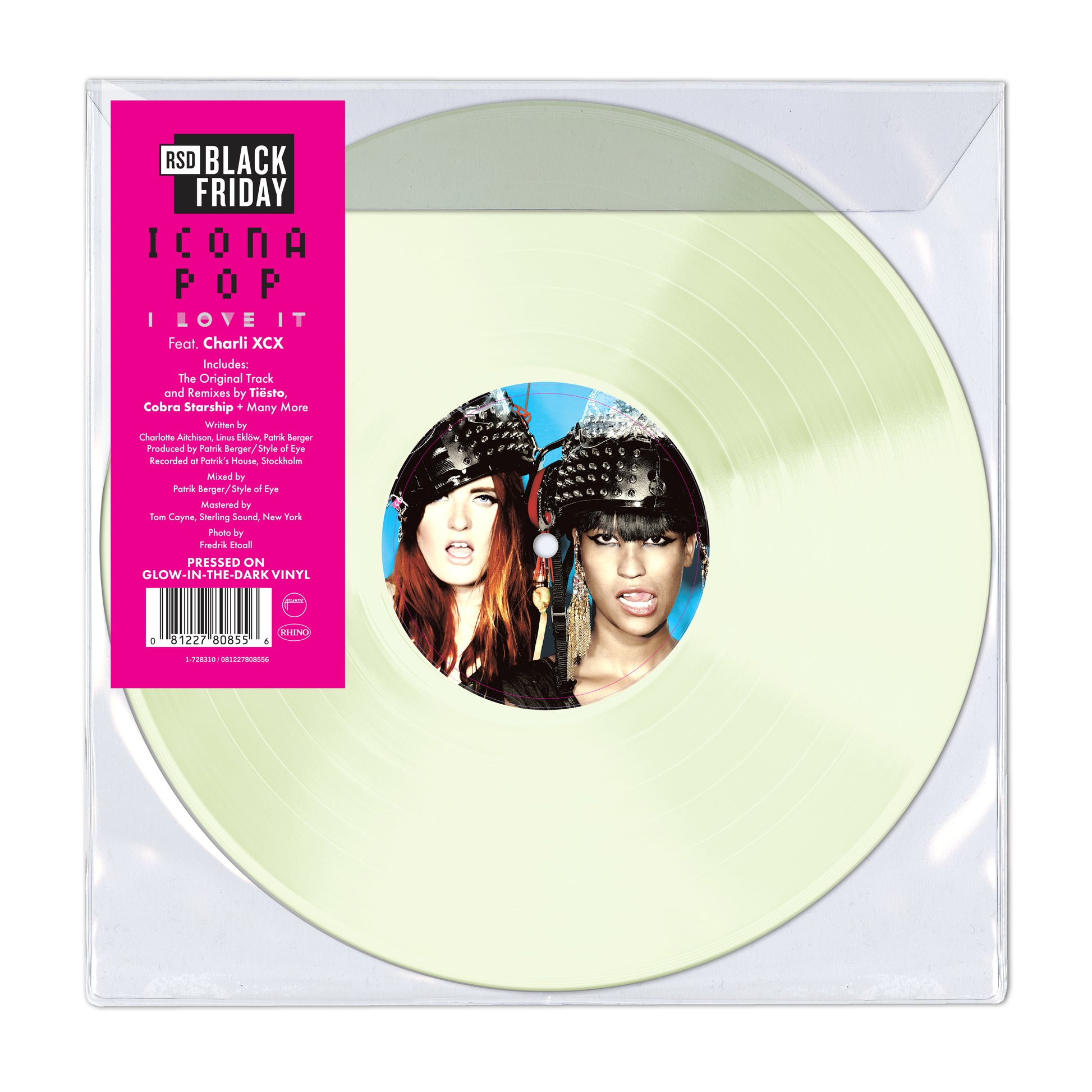 Icona Pop - I Love It  Vinyl record with a pink label featuring two individuals, on a white background