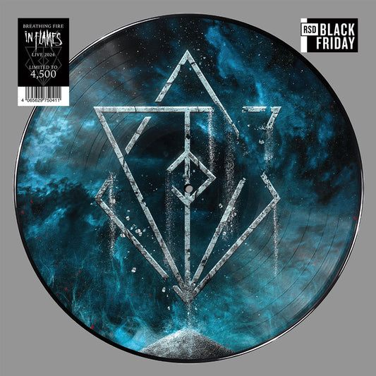 In Flames - Breathing Fire Vinyl record with a geometric design on a blue and black marbled background, featuring 'In Flames' branding.