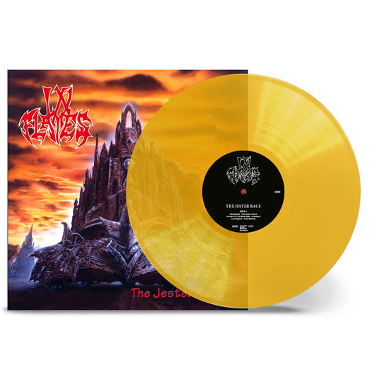 In Flames - The Jester Race Vinyl record with a yellow disc and colorful cover featuring a castle and text.