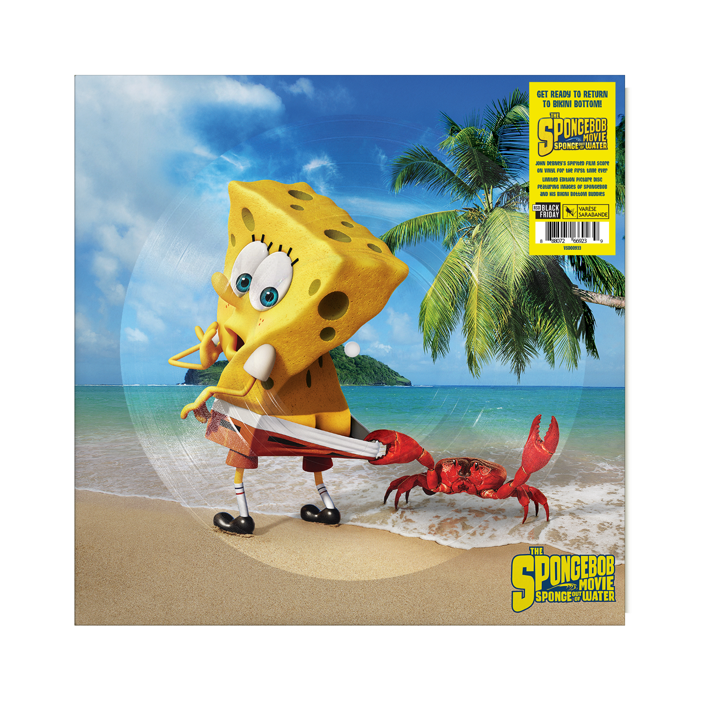 John Debney - The SpongeBob Movie SpongeBob SquarePants toy figure on a beach with palm trees and blue sky