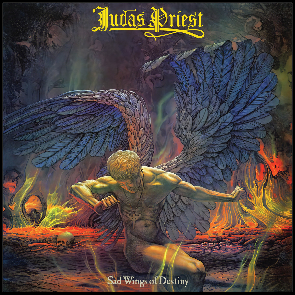 Judas Priest - Sad Wings Of Destiny (Original 1976 Masters) Vinyl Album cover art for Judas Priest's 'Sad Wings of Destiny', featuring a winged nude figure kneeling in a fiery, dark cavern with blue feathers and orange flames. The Judas Priest logo is at the top and the album title at the bottom.
