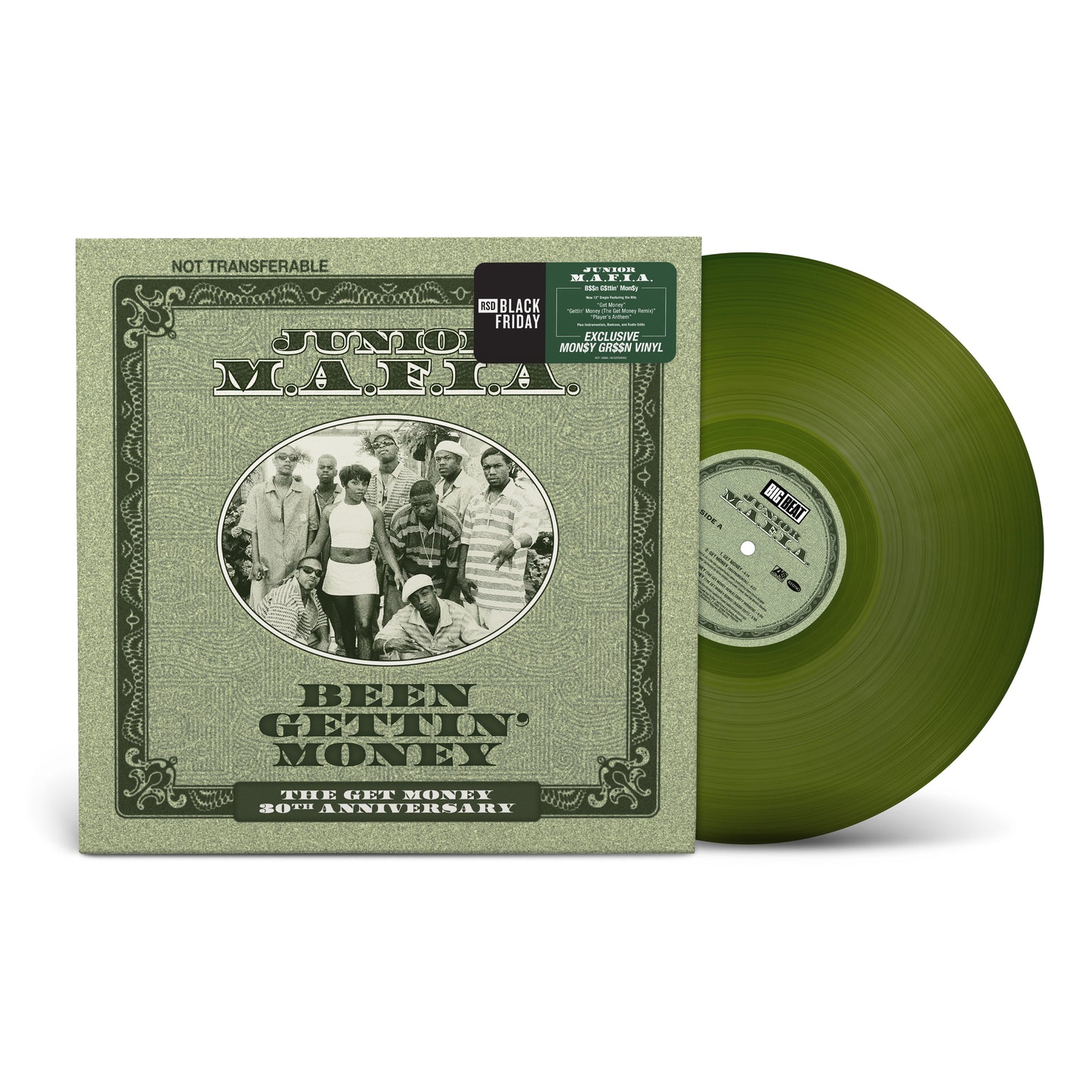 Junior M.A.F.I.A. - Gettin' Money Green vinyl record with its cover featuring a group of people and text on a white background