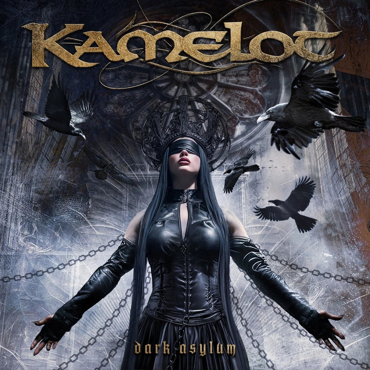 Kamelot - Dark Asylum Vinyl Album cover for Kamelot's 'Dark Asylum' with a woman in black attire and crows.