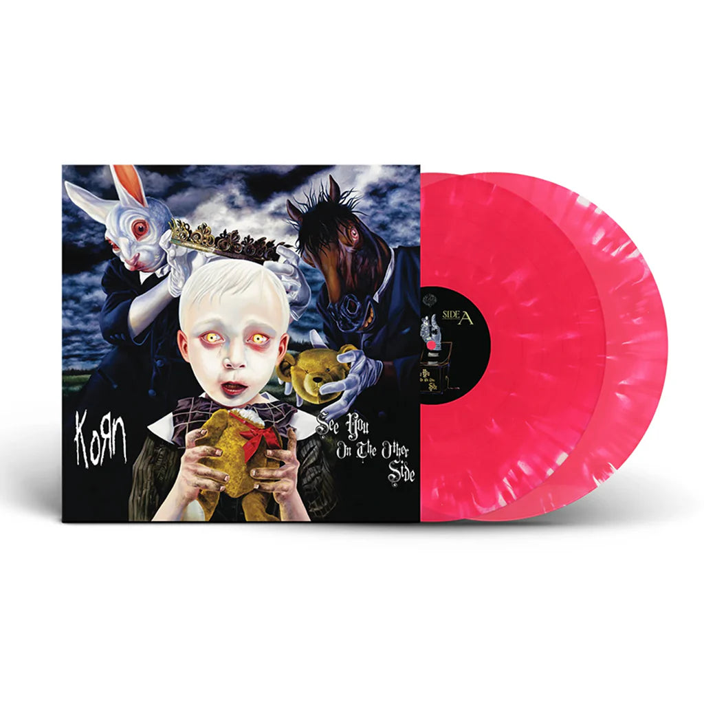 Korn - See You On The Other Side  Vinyl record with colourful cover featuring a person with white hair and animal-like creatures, and a pink and black record.