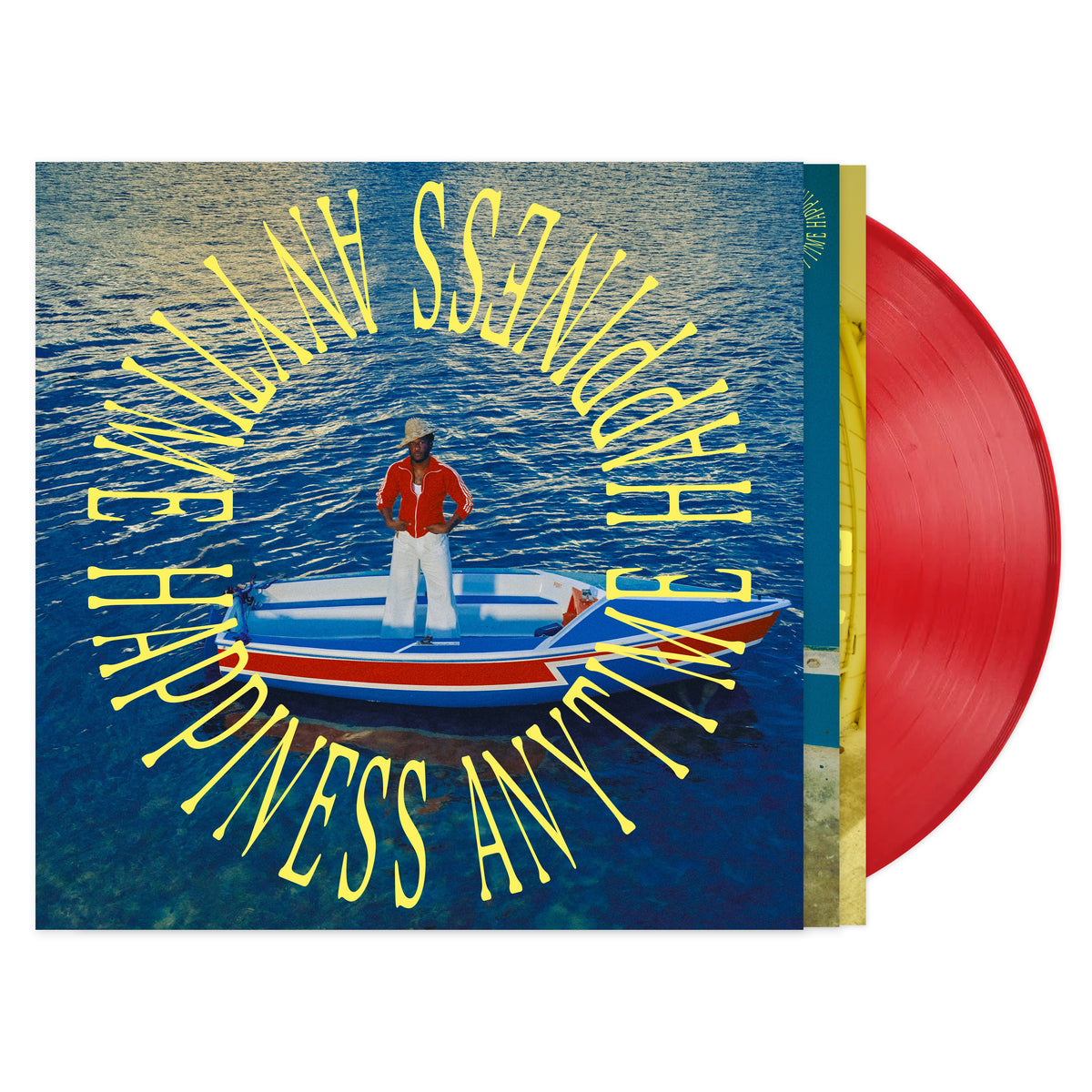 Leon Bridges - Happiness Anytime (Campari Red) Vinyl A vinyl record album partially pulled from its jacket, showing a red vinyl disc and the cover art with a person standing in a small blue boat on water, surrounded by large yellow text reading 'HAPPINESS ANYTIME'.