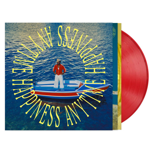Leon Bridges - Happiness Anytime (Campari Red) Vinyl A vinyl record album partially pulled from its jacket, showing a red vinyl disc and the cover art with a person standing in a small blue boat on water, surrounded by large yellow text reading 'HAPPINESS ANYTIME'.