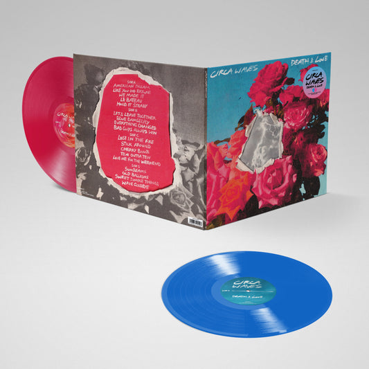 Circa Waves - Death & Love Vinyl records with colourful covers and text on a Grey background