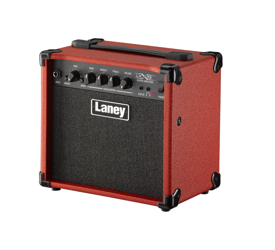 Laney LX15-RED Red Laney guitar amplifier on a white background