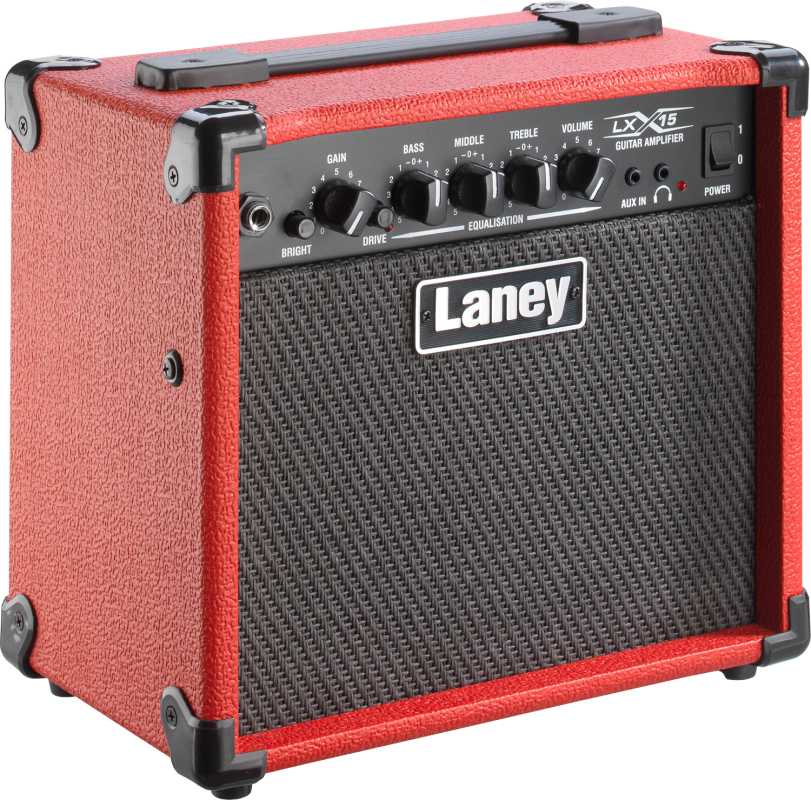 Laney LX15-RED Red Laney guitar amplifier on a white background