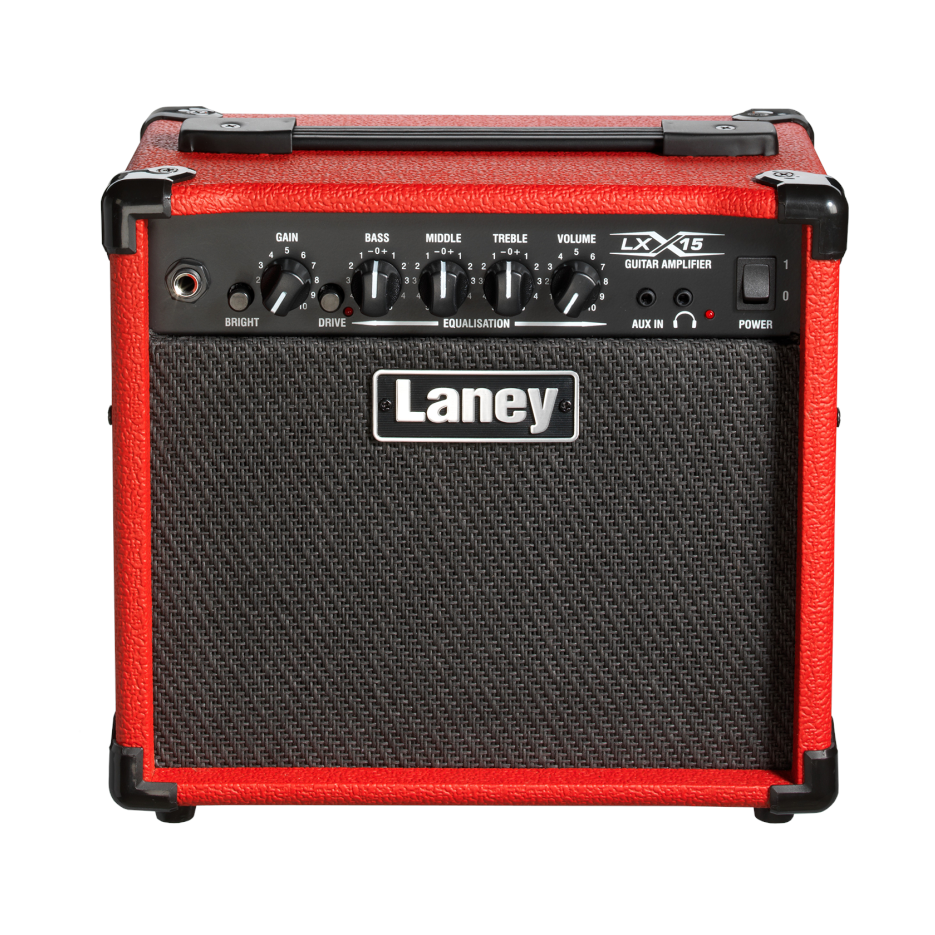 Laney LX15-RED Red and black guitar amplifier with 'Laney' branding on a white background