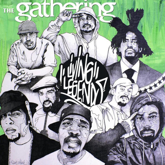 Living Legends - The Gathering (Coke Bottle Green) Vinyl RSD26 Album cover with black and white illustrations of people on a green background, featuring the text 'The Gathering' and 'Living Legends'.