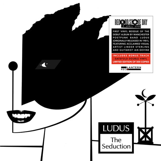 Ludas - The Seduction Vinyl RSD26 Black and white illustration of a face with text about a music album titled 'The Seduction' by Ludus.