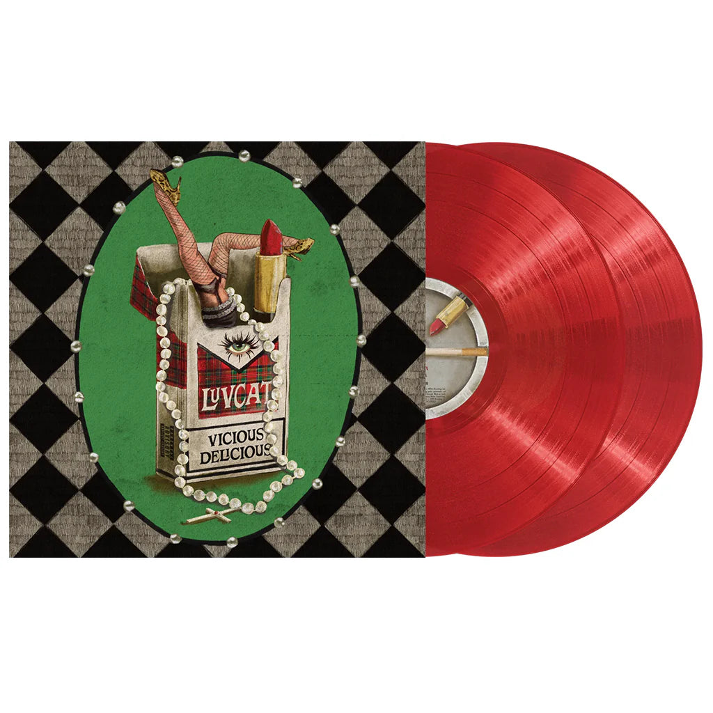 Luvcat - Vicious Delicious Red vinyl records with a decorative cover featuring a checkered pattern and graphic design.