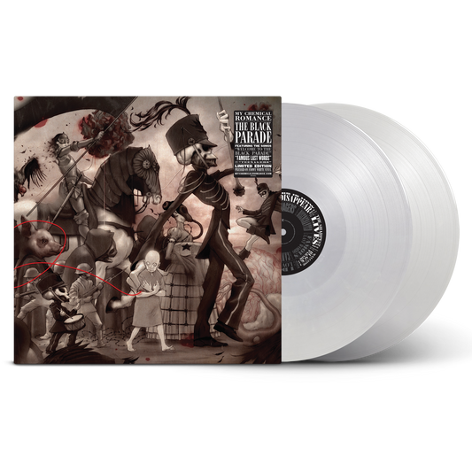 My Chemical Romance - The Black Parade Vinyl record with a detailed cover featuring a skeleton in a top hat and suit, surrounded by other figures and text.