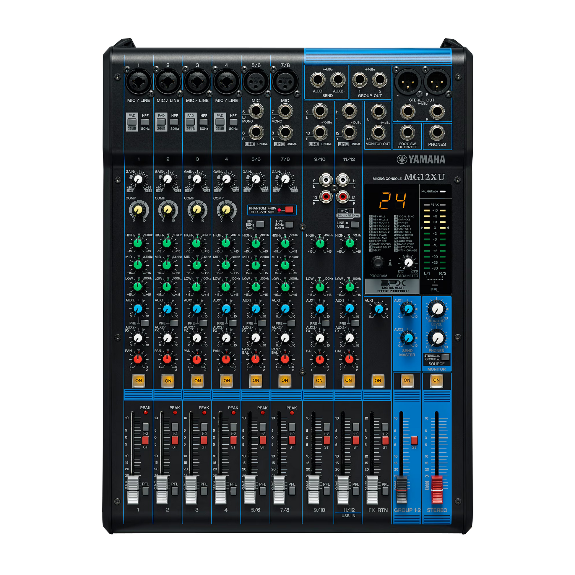 Yamaha MG12XU audio mixer on a white background