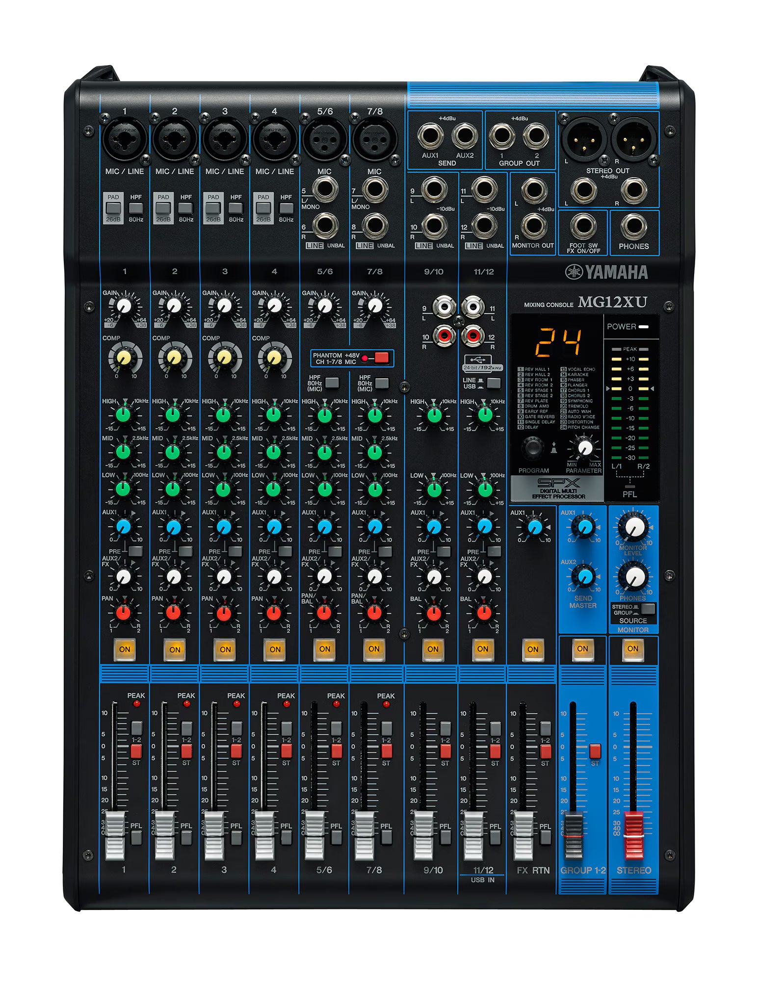 Yamaha MG12XU audio mixer on a white background