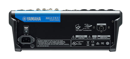 Back view of a Yamaha MG12XU audio mixer on a white background