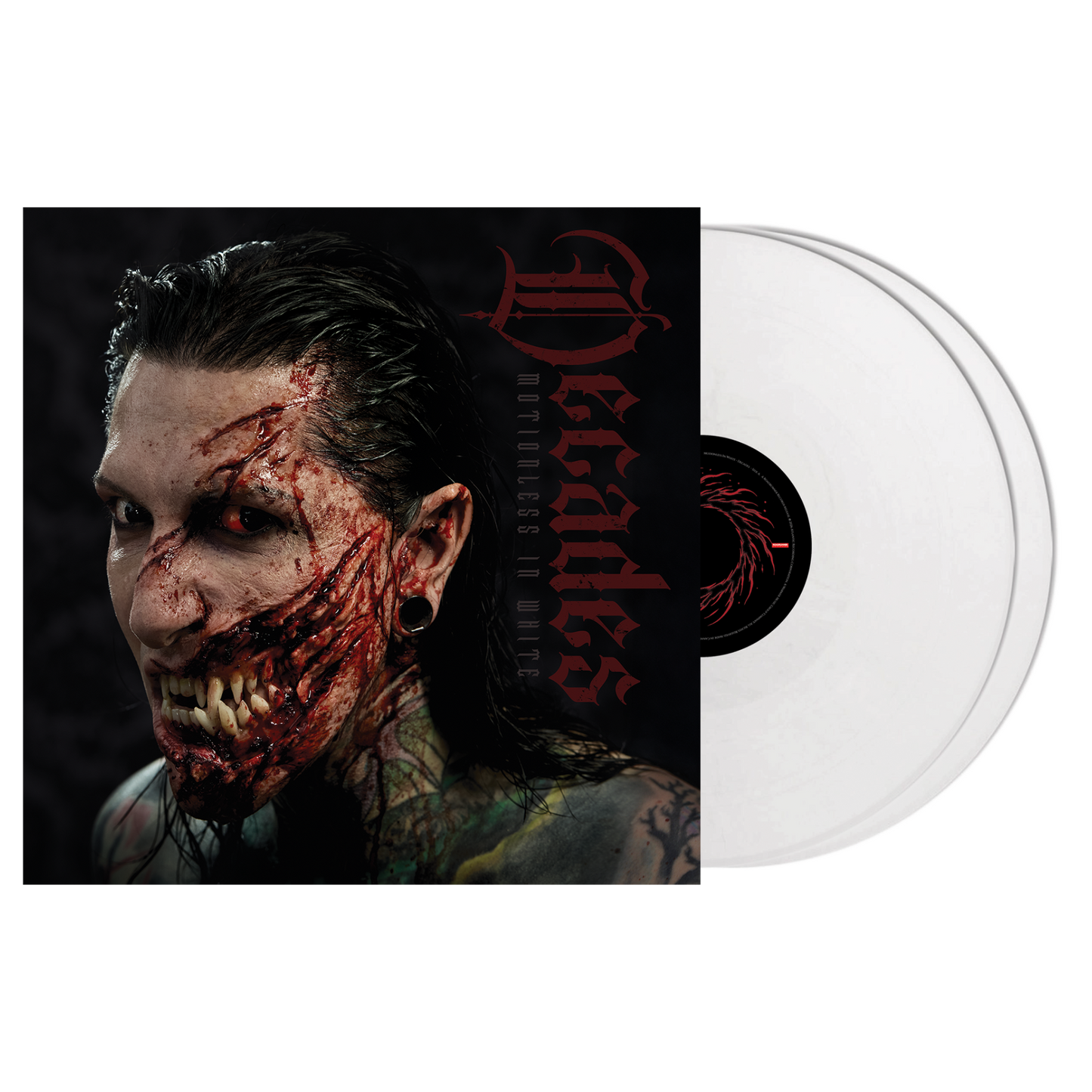 Motionless In White - Decades Vinyl record with a dark cover featuring a stylized face and 'Decades' text.