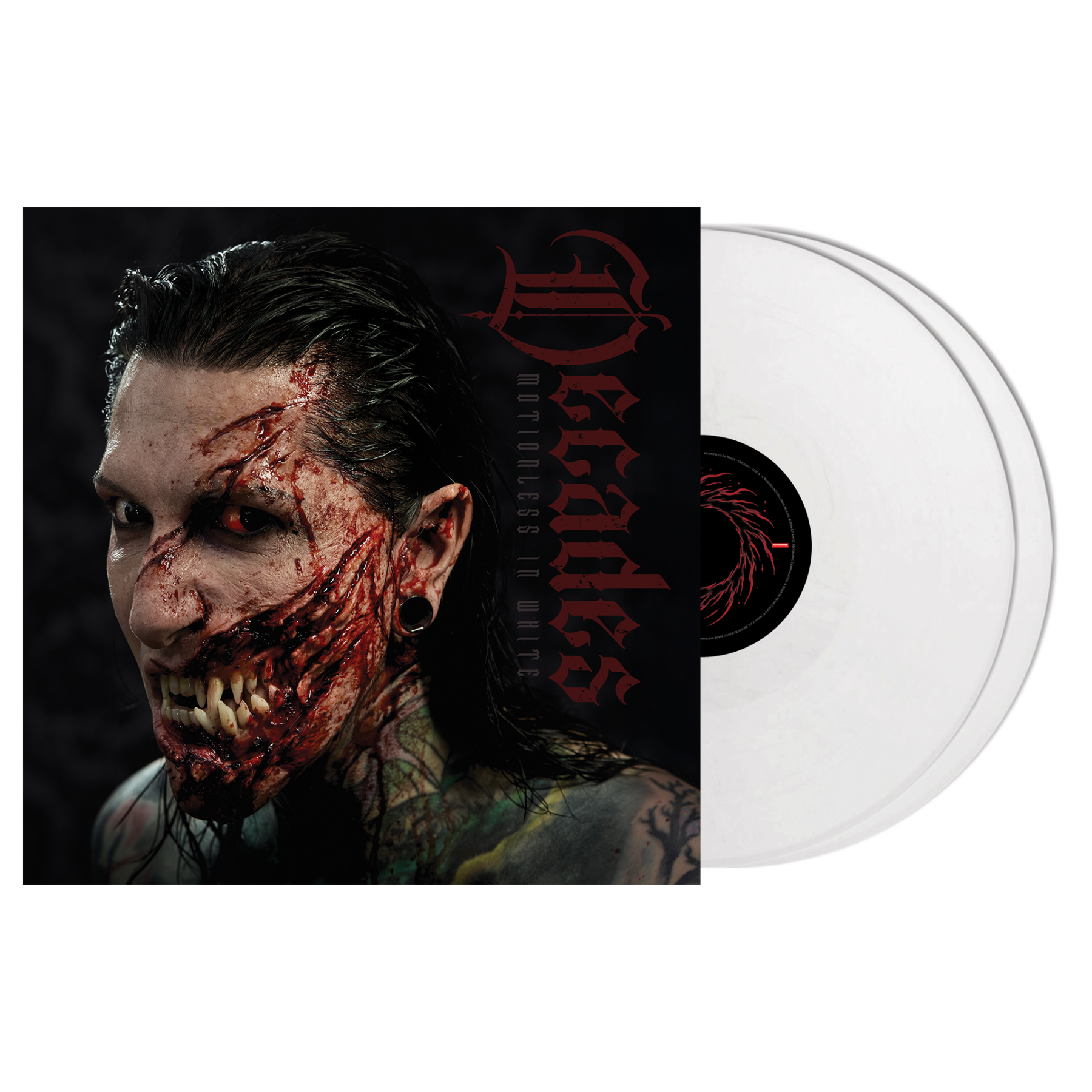 Motionless In White - Decades Vinyl record with a dark cover featuring a stylized face and 'Decades' text.