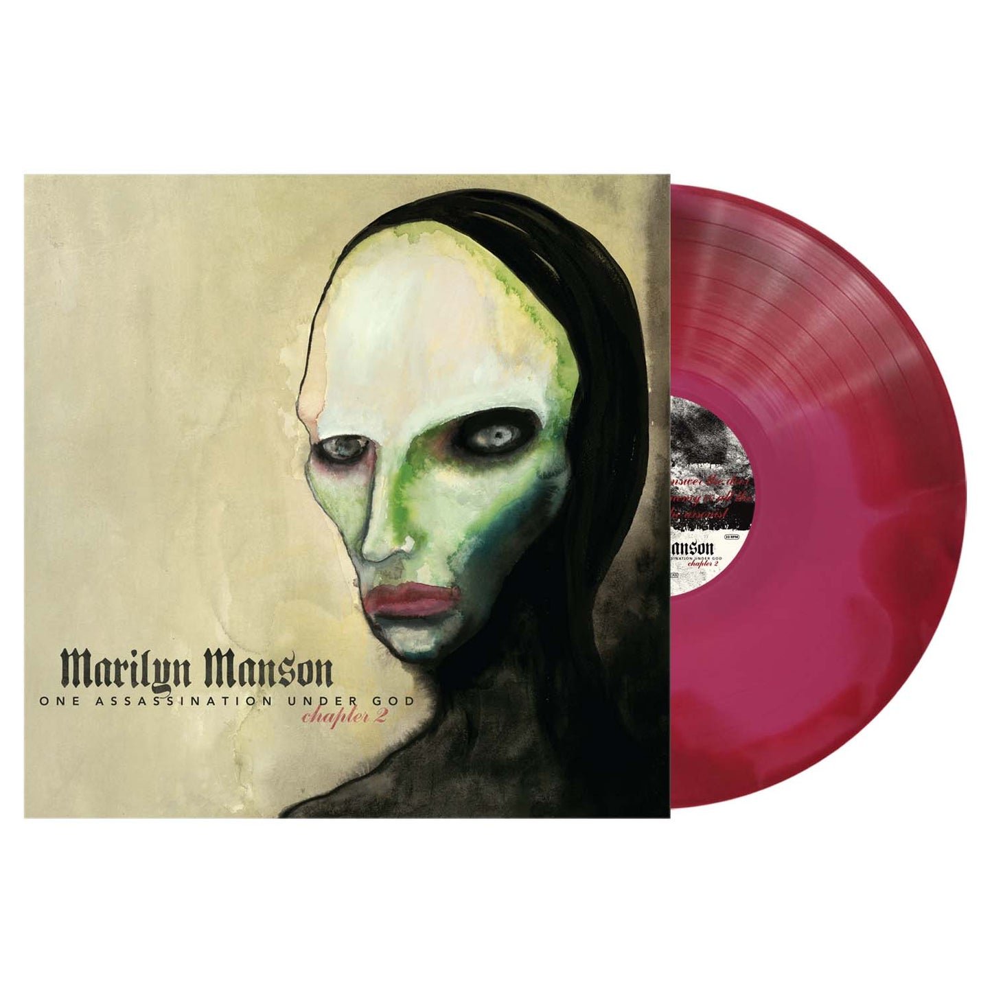 Marilyn Manson - One Assassination Under God - Chapter 2 (Pink Red Swirl) Vinyl Marilyn Manson 'One Assassination Under God - Chapters 2' vinyl record with a sepia-toned illustrated album cover and a translucent pink-red record partially visible behind it.