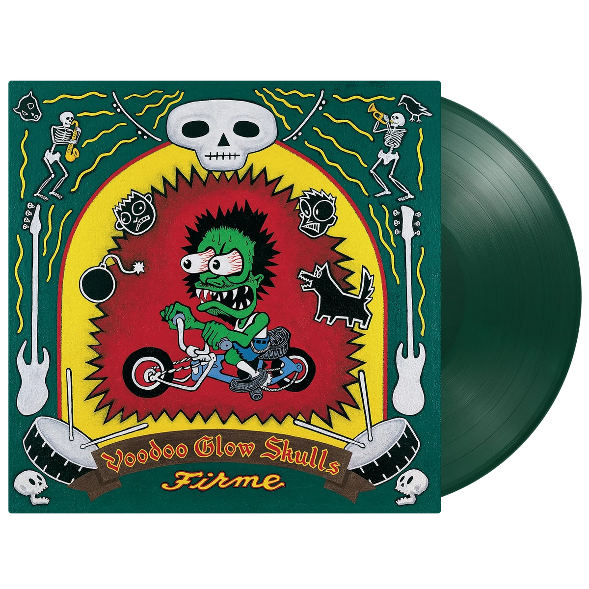 Voodoo Glow Skulls - Firme (Limited Edition Dark Green) Vinyl Voodoo Glow Skulls - Firme vinyl record album with its illustrated square cover in front of a dark green translucent vinyl record on a white background.