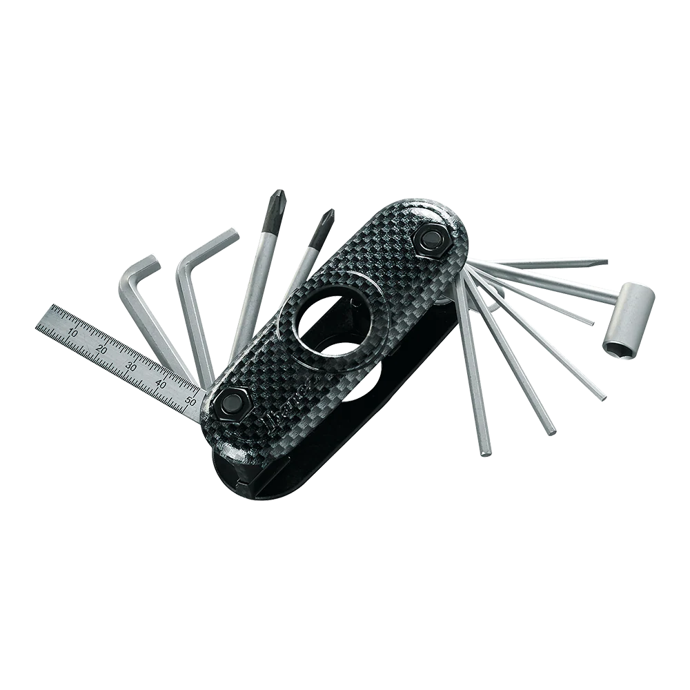 Ibanez MTZ11-CFP Multitool with various tools including a ruler on a white background