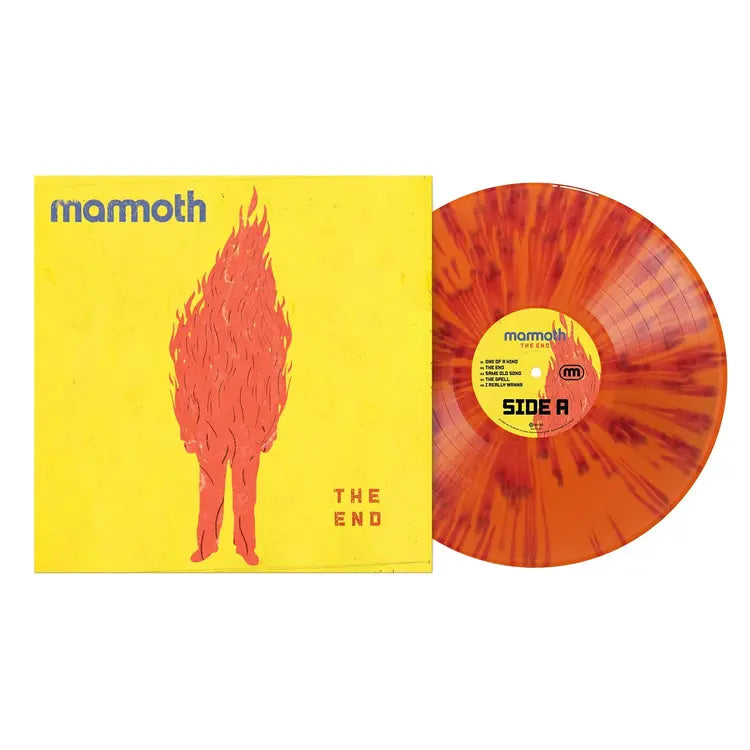 Mammoth - The End Vinyl record with orange and red splatter design and yellow cover featuring 'mammoth' and 'The End'.