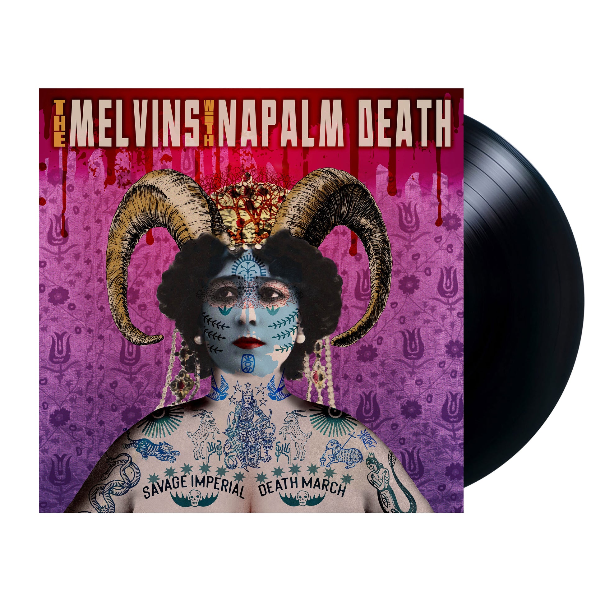 Melvins with Napalm Death - Savage Imperial Death March Vinyl Vinyl record with a colorful cover featuring a person with tattoos and horns, and text 'The Melvins x Napalm Death'.