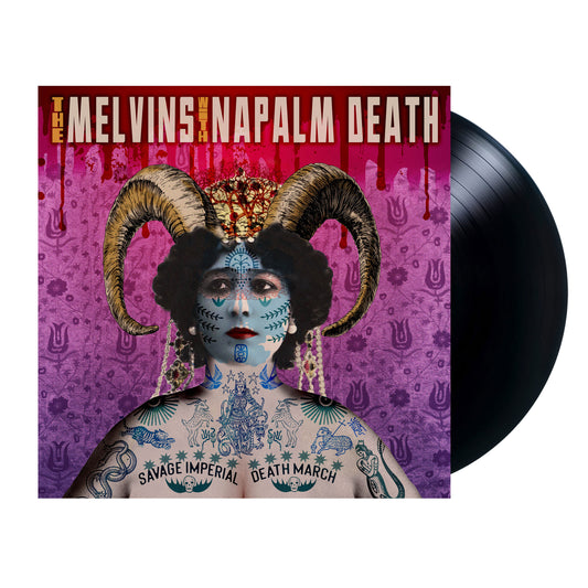 Melvins with Napalm Death - Savage Imperial Death March Vinyl Vinyl record with a colorful cover featuring a person with tattoos and horns, and text 'The Melvins x Napalm Death'.