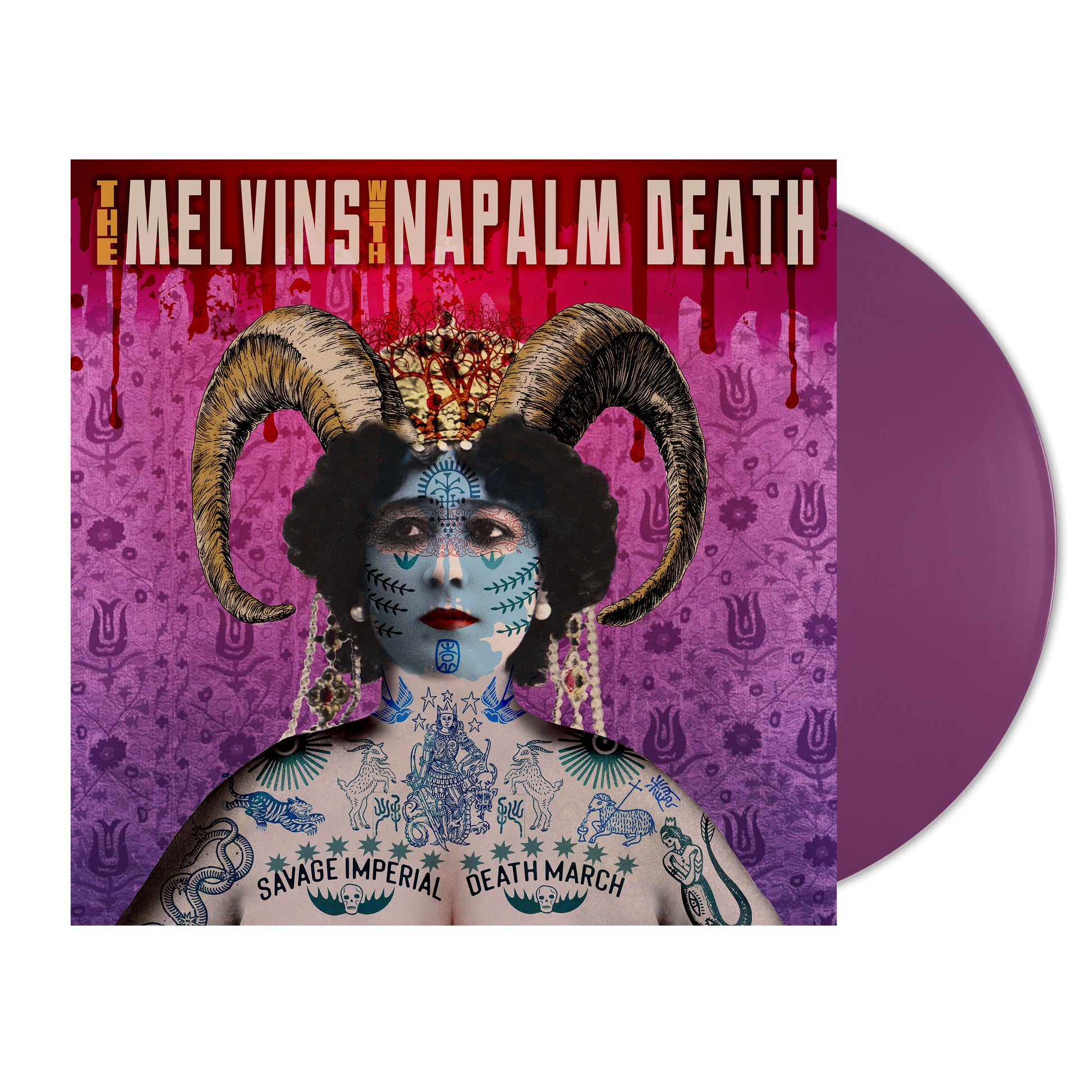 Melvins with Napalm Death - Savage Imperial Death March (Orchid) Vinyl Vinyl record with a colorful cover featuring a person with tattoos and horns, and text 'The Melvins x Napalm Death'.