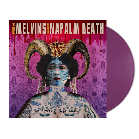 Melvins with Napalm Death - Savage Imperial Death March (Orchid) Vinyl Vinyl record with a colorful cover featuring a person with tattoos and horns, and text 'The Melvins x Napalm Death'.