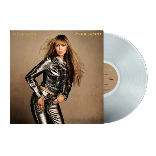 Miley Cyrus - Younger You (Limited Edition Translucent Clear) 7" Single Vinyl Miley Cyrus 'Younger You' vinyl record album with the illustrated cover sleeve and a translucent light blue record partially visible behind it, on a plain white background.