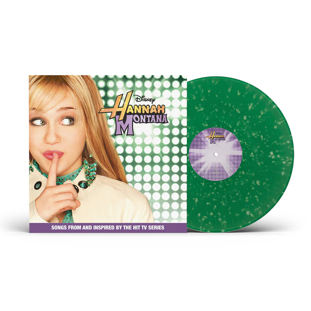 Hannah Montana Vinyl record with Hannah Montana cover featuring a young woman with blonde hair and a green speckled record.
